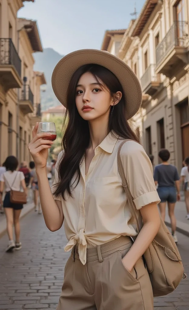 best quality, masterpiece, photo realistic, complex detail, raw photo, photon rendering, octane rendering, ridiculous, super detailed, detailed face, detailed skin, trend in artstation, 8k masterpiece, cinematic lighting, 1girl, skirt, outdoor, flower, hat, solo, jewelry, brown eyes, safflower, shirt, white shirt, necklace, belt, long sleeves, looking at the audience, pleated skirt, sky, sky, rose, blue skirt,, earrings, blue sky, bangs emanating, parted lips, red rose, hair ornament, black belt, denim shooting, blush, smile, shirt tucked in, standing, cloud, buckle, hand on tiara, collarbone, building, tree, straw hat, arm up, thigh, cross, belt buckle, sun hat, , wind, hat flower, fluffy long sleeves, gray hair, wind lift, yellow flower, teeth, (ring finger diamond ring)