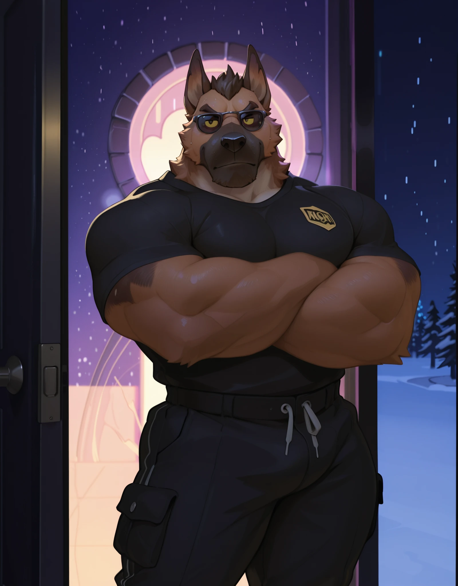 furry, anthro, black german shepherd:1.5, solo, average male, his  is short fat saggy and , standing outside a prison:1.2, he is using a bulletproof vest and his pants are open:1.4, dripping, , leak of :1.8,  of :1.8,  in everywhere:1.2,  on belly:1.3, super detailed, detailed face, best art, 8k, vibrant, by snowskau:0.4, by taran fiddler:1.8, by RedRusker:1.8, art stile, 3D, halfbody,