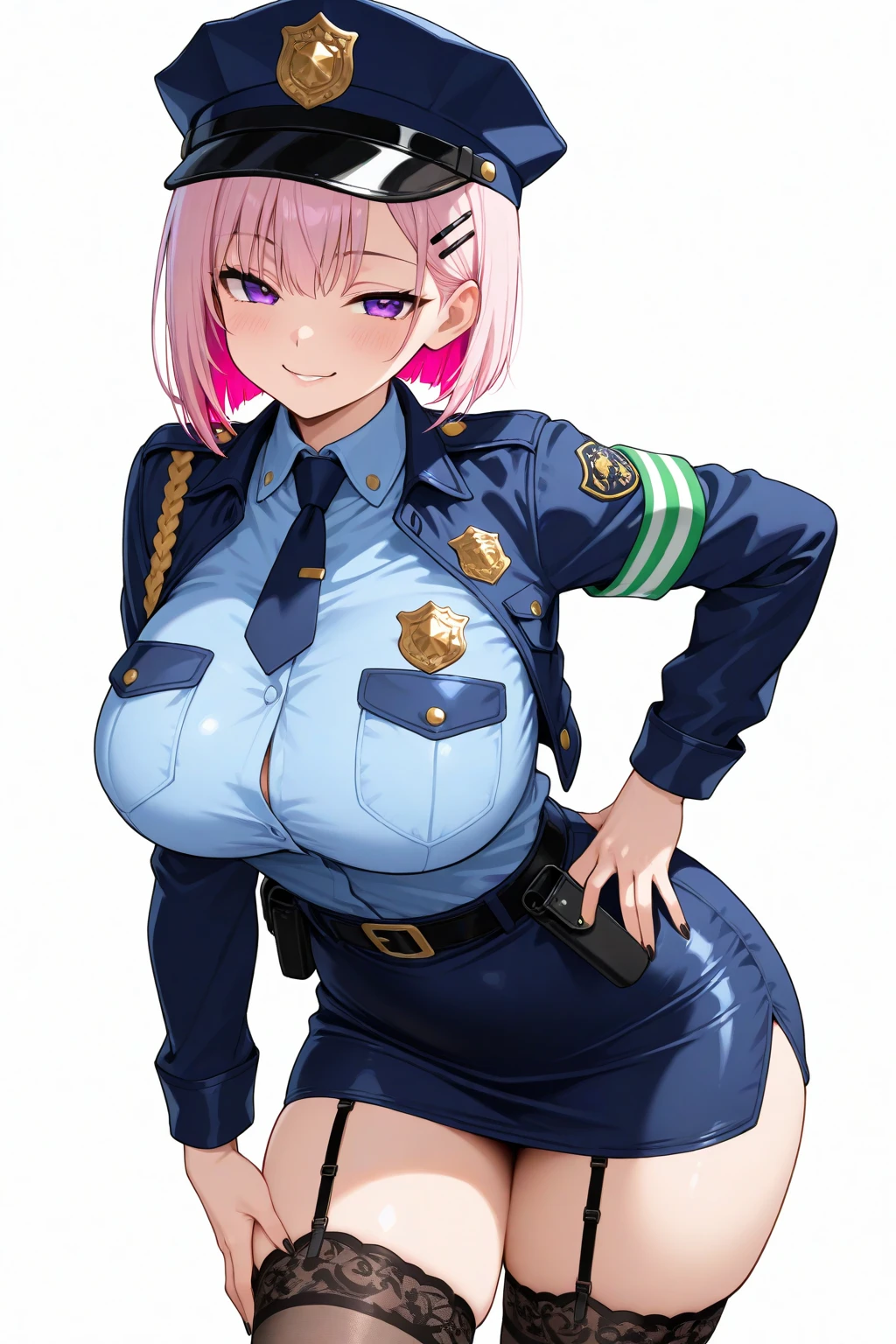 1 beautiful mature slut, alone, gorgeous face, (blush)、((wearing a police uniform)), grin and laugh、red lips, eye shadow, eyeliner, ((open )), With a  like that, , thighs thighs, Please sit down、pink bob hair, lingerie, (masterpiece, highest quality, 8k, realistic)