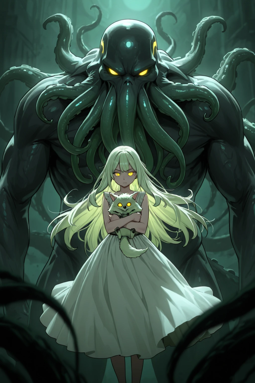 ((best quality)), ((highly detailed)), absurdres, (detailed eyes),1girl,20 years old,solo,long hair,pink hair,(((white shirt,black standart tie,black skirt))),dynamic pose, cowboy shot, (((scylla))), (((octopus girl))), standing, (tentacles:1.33), (suction cups:1.33), (fused:1.33), ((tentacle legs)), squidlegs, ((underwater,sea, aurora,night)),leaning forward, serious,cute,reaching out