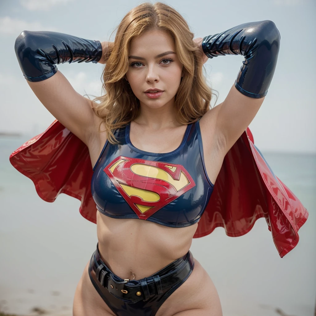 (melhor qualidade), (obra-prima), (horror), (sangrento), Supergirl, (blonde messy hair), (rosto cansado e fraco, broken lips, bleeding lips),(corpo perfeito, peitos perfeitos, coxas perfeitas), ((pele suja e sangrenta)),(Teary, sangue, hematomas no rosto e no corpo, blood flowing from head and face, injuries on body, danificado), (vestindo terno de supergirl, roupas danificadas, rasgadas e rasgadas, barriga exposta, coxas expostas,  arms exposed), (squatting), dark ilumination, foggy and smoky, 8K分辨率, high saturated, low exposure, City destroyed and on fire all around. ((His hands are attached to the wall by handcuffs with thick chains. His ankles are tied to the ground by handcuffs with thick chains)). Wearing a thick metal necklace around the neck with a chain. She's sweaty all over her body. She's screaming in terror. She's crying a lot. ela usa 7/8 meias de rede de pesca e um cinto de liga. (( She's tiptoeing )) barefoot