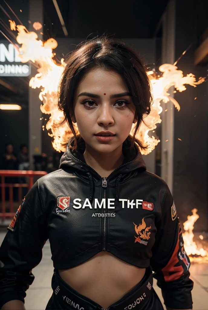 reads "ANTRI SEK MAS", A beautiful Indonesian woman, wearing a cream coloured t-shirt with a strong vector design featuring a silhouetted image of a downward arrow symbol in an orange colour full of splash blood. The phrase "ANTRI" is displayed in elegant and simple bold letters, distressed typography with pastel colours, while holding her miniskirt, short wavy hair, one handed pose pointing cameramen, in a public place, surrounded by many ????? men, seductive pose, jav idol, with front shooting angle, very realistic, (complex detail: 0.9), (hdr, hyperdetail: 1.2), RAW, Sony Alpha a9 II, 24-105mm f/4, HDR,