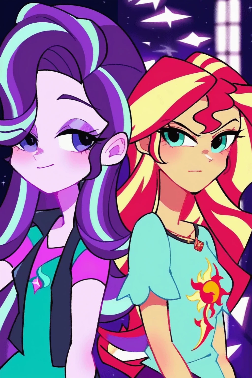 , score_9, equestria_girls, cartoon, sunset_shimmer, starlight_glimmer, duo male, two girls and male pov, female, male, male pov, uncut flaccid , offscreen character, pov, View of the uncut flaccid  in the pants and the girls located between the MC's .