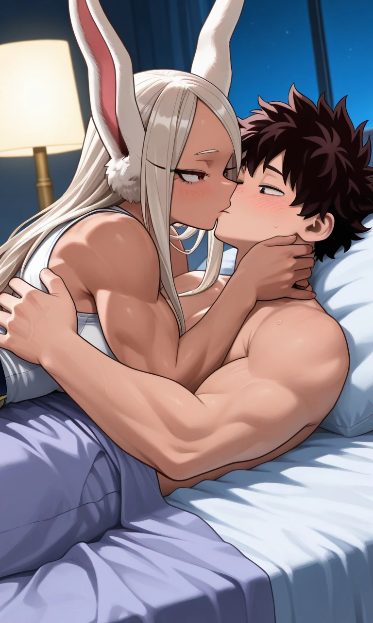 Posh Russian model with white hair with an expression of believing she is better than the rest of the women, grabbing a boy's thigh in front of his nerdy girlfriend