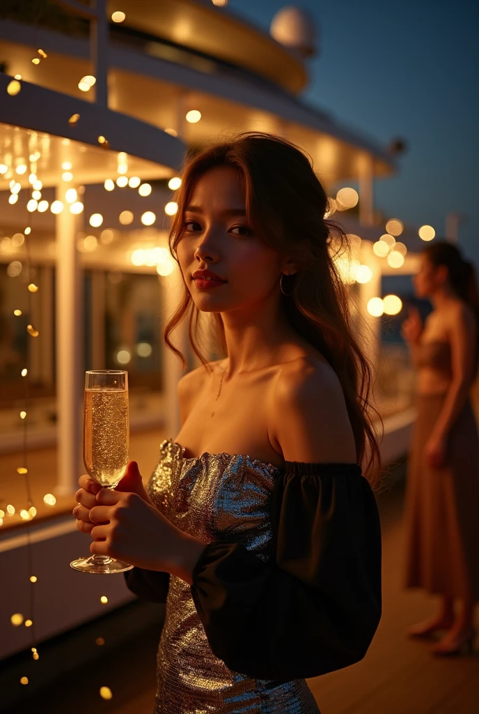 (((nffsw))), (((masutepiece))), (((8K))), (((hight resolution))), (((surrealism))), (((Cinematic lighting))), god rays, Zoom Layer, (((FULL BODYSHOT))), F/4.0, canon, Shiny skin,Detailed skin,Detailed face, Detailed eyes, Goddess of Champagne , Luxury nightclubs,  Champagne confetti,  champagne silver dress , Champagne tiara, Holding champagne in your hand, Champagne Glass Tower