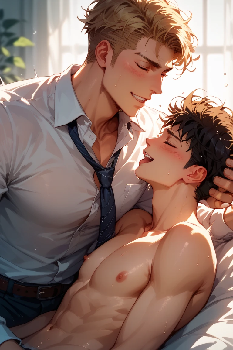 best quality, masterpiece, bodybuilder man, (short blond hair), wearing ripped business suit, no bottoms,  with a grinning male robber, standing , grab breast, grab hair, , projectile , crying, blushing, sexy, gay, homoerotic, in dark office, at night, ambient lighting, extremely dramatic shadows, front view, perfection, no watermark, no logo, no signature