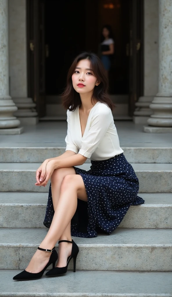 Delicate, Masterpiece, Beautiful Detail, Colorful, Fine Detail, Detail, Detail, Big Breasts, 1 Woman, (20 Year Old Beautiful Korean Woman: 1.1), (KPOP Idol, Korean Mix), (50mm Sigma f/1.4 ZEISS Lens, F1.4, 1/800s, ISO 100, Photo: 1.1), (Ponytail + Blonde: 1.2), Realistic: 1.4), (Spy: 1.2), (dark blue , shirt, skirt, tie, black pantyhose, Christian Louboutin \ (brand\): 1.3), earrings, necklace, armlets, (tavern: 1.2), (beautiful legs, tall woman, skinny, slim legs, thigh gap, model: 1.2), lens flare, happy smile from the front: 1.1), Dynamic pose, (make: 1.2), sitting on bar stools, Nogizaka idol, Korean idol, actress, gravure idol, armpit, arms crossed, android