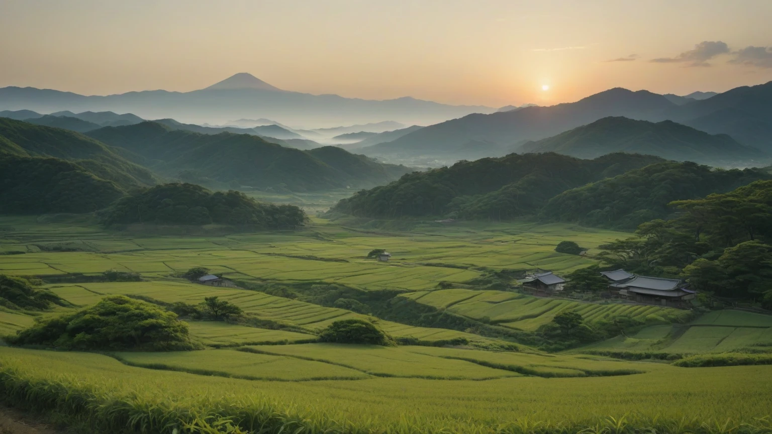Japanese mountains, Japanese forests, Japanese rice fields (0.5), houses, roads, background only