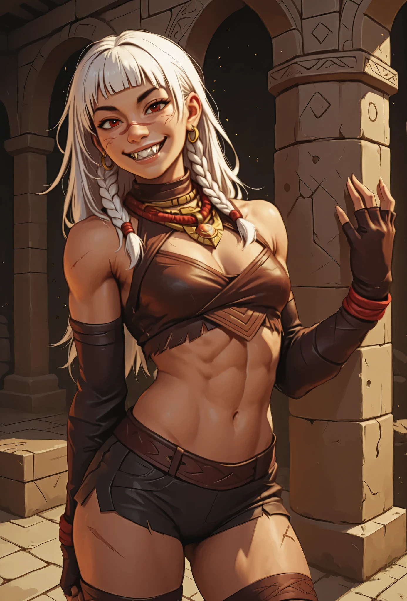 Highest quality, picture, Cute girl. Bronzefarbene Haut. She has a horizontal scar over her nose. She has sharp teeth. pointed fangs in her mouth. your body is athletic, with muscles and abs. B-Cup. Sie hat rote, Asian and narrow eyes, A pretty, And young face and white braids. The Inca clothing made from the finest snakeskin-look leather with corset with leather straps (Schlangenhaut-Optik), and an amber necklace. atmospheric lighting. looks at the viewer. She has an innocent smile with lots of sharp teeth. Keine Tiere im Bild. Hintergrund: aztekischer Tempel, strong lineart, hdr, hdr colours, hdr colours. Sharp. Use the style of the artist "Bob Kehl".