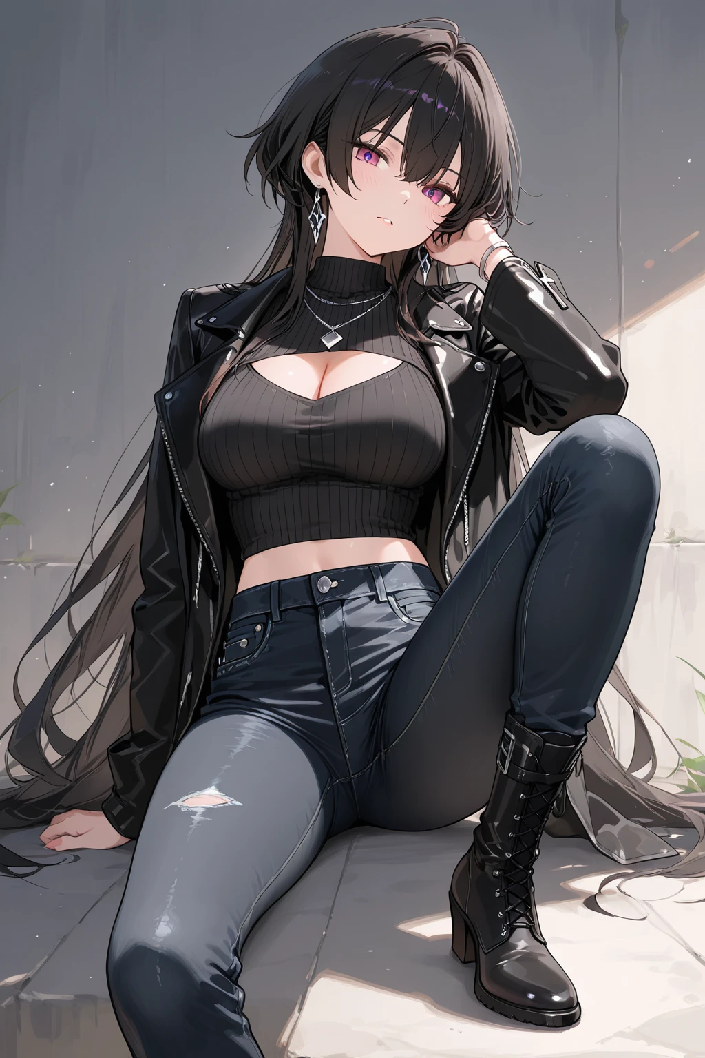 10 year old, 1girl, young girl, anime style, skinny body, Anime young girl wearing crop top black hoodie, skinny jeans pants, blue long hair with hair-clip, green eyes colour, pose picture of her cute pose, straight on street of towers, anime art wallpaper, detailed, 8k, high quality