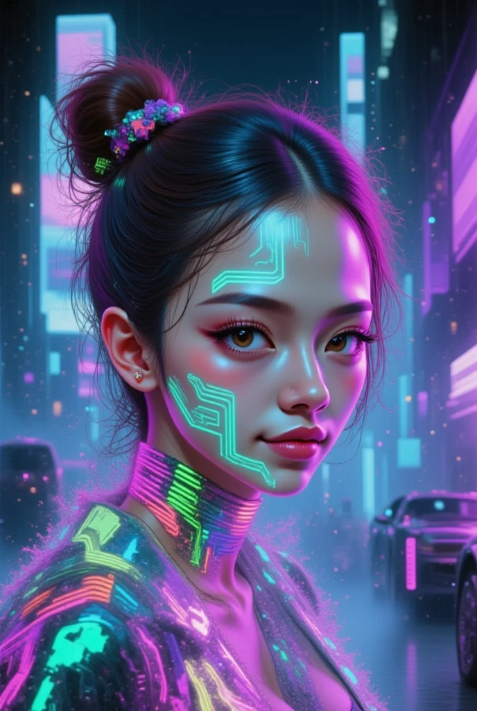 futuristic female, cyberpunk female, high resolution, absurderes(beautiful face and highly detailed eyes)Perfect Anatomia, good lighting, cinematic shadow, detailed back ground, Action game user interface, dots game, pixel art, 8 bits pixel art, player selection page, 1 girl, 1 young boy,