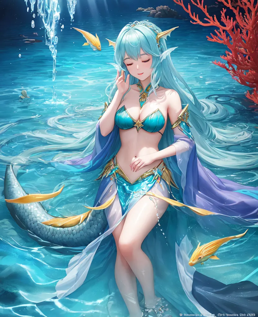 mobius (daughter of corals) (honkai impact), mobius (honkai impact), honkai (series), honkai impact 3rd, yelan xing xuan, 1girl, bangs, ???? shoulders, barefoot, ??????, ???????, cleavage, coral reef, fish, full body, green eyes, green hair, jellyfish, long hair, navel, open mouth, solo, swimsuit, toes, twintails, underwater, water
