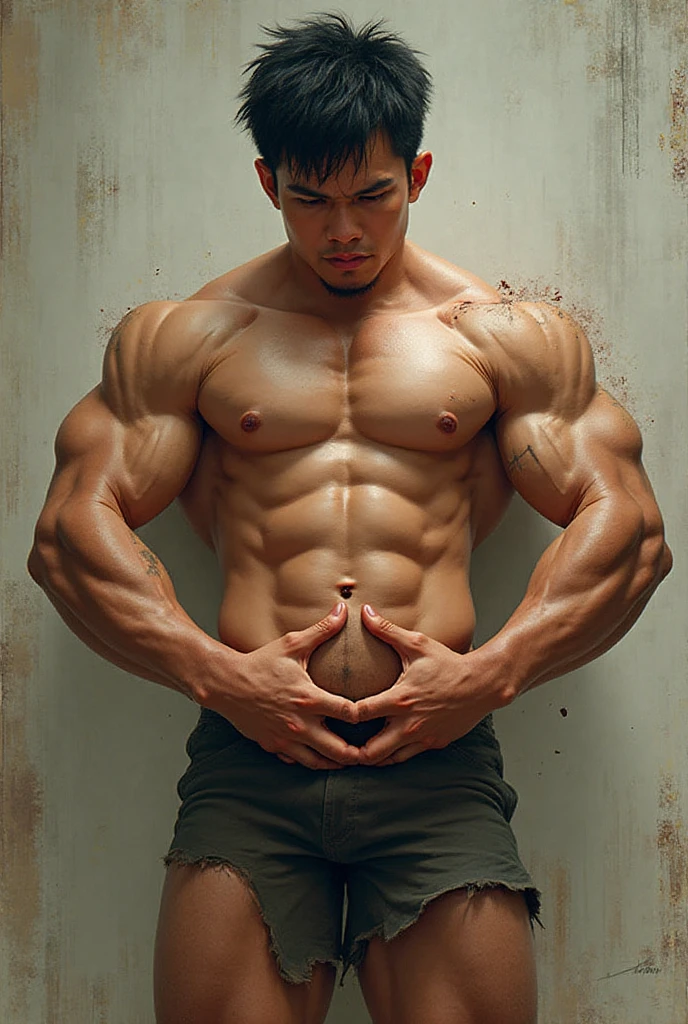 (8k, original photo, best quality，Half body photo) ,, ((( 35-year-old muscular men)))，standing，shirtless,Shirtless bearded muscular man，One hand up
，a Asian muscular bodybuilding champion with beard and stubble,(((no ????? hair)))，(((Pure black background)))，handsome man,Real human skin is smooth and delicate，delicate skin，Large ???????，Eyes and eyelashes are very detailed, muscular man, Manliness, male, Expose ????? muscles, male love model, muscular, digital SLR, Super quality, XT3, crystal clear, 8k ultra high definition, high detail, Super real photos, (Realistic skin), ((pores)), ((high detail skin)), Volumetric light, groin, far, Complex 3D visualization, high detail,Real human skin ((Correct body structure)), (((correct ???????))),(((Forced noise reduction)))