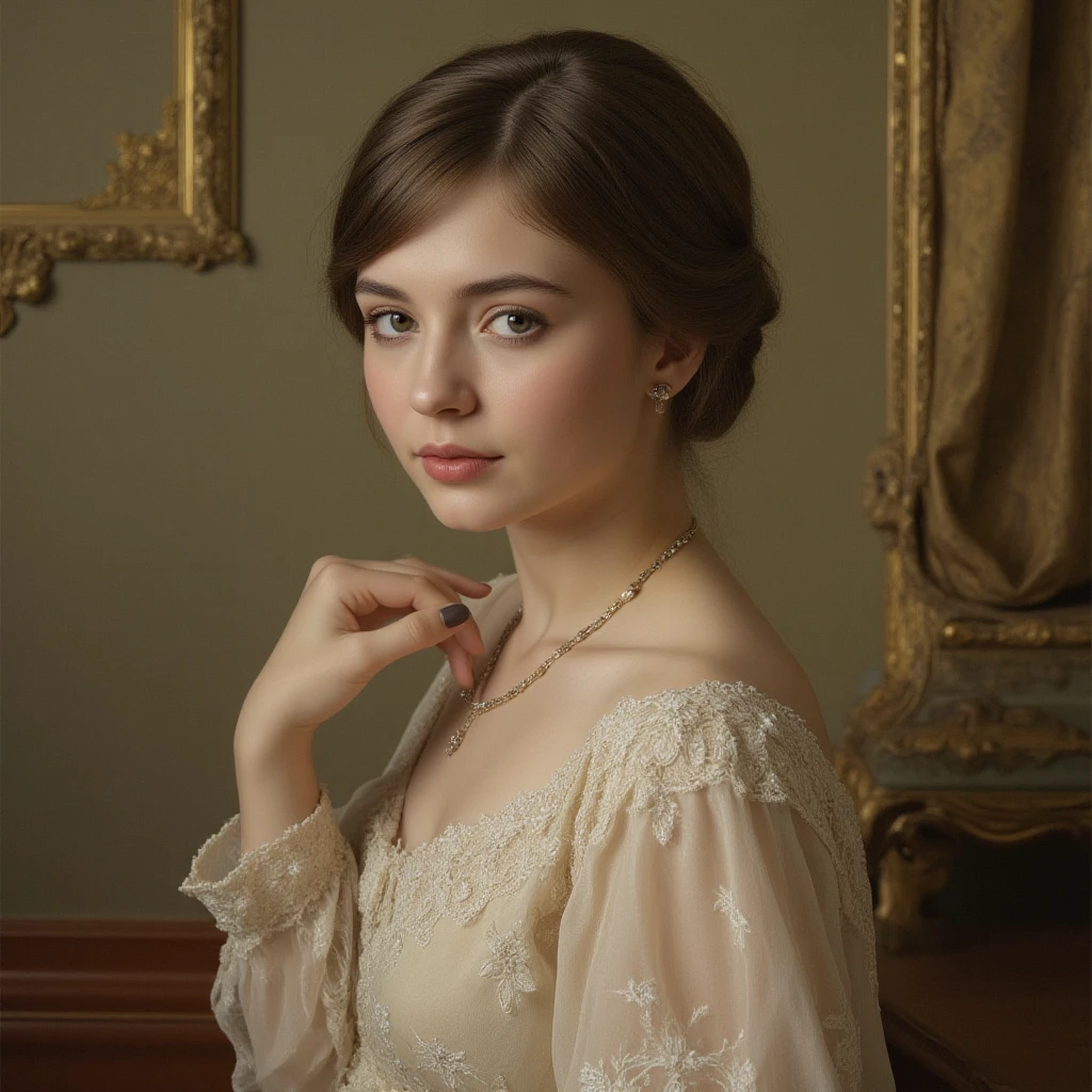 ((high resolution)), ((pale skin)), ((very pale skin)), Millie Bobby Brown, ((huge breasts)), in the style of Anthony van Dyck