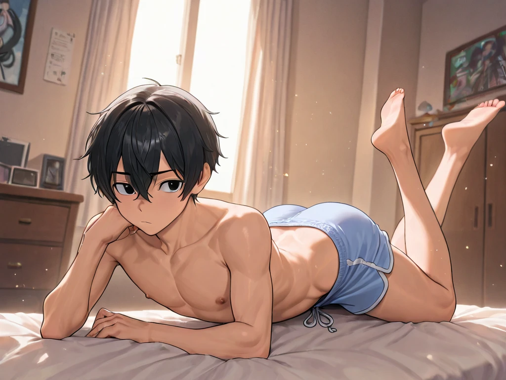 10 years old Boys, slim body, Cute, white pale skin, bright eyes, green eyes, short black hair, in the bedroom, looks at the viewer, shy,  boy,  boy chest,  boy , , sexy, wet body, , excited smile, squatting 