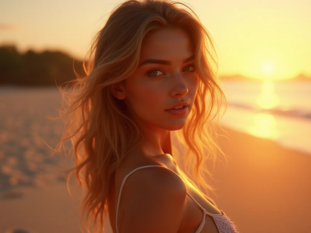 Floral gold bikini with beach shirt (), slightly turned and looking at the camera, smile and ready to give you a kiss, at the beach, she is standing in the ocean, golden hour, realistic, masterpiece, highest quality, lens flare, shade, bloom, [[chromatic aberration]], golden hour