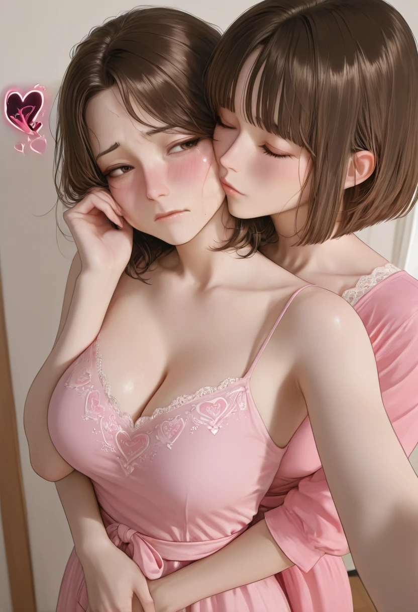 ((masterpiece)), ((best quality)), (detailed faces:1.5), perfect, solo, two-headed Sophia-lillis, ((in bedroom, lying on soft bed)), gorgeous woman, luscious lips, short red hair with French bob cut, huge blue eyes, freckles, short, petit, sexy, (two heads, conjoined_dicephalus), (kissing:1.34), (completely , ), hands on body, ((massive breasts:1.1)) (( getting wet, sweating)), blushing, extremely  aroused, ((leaning back)), falling asleep, yawning, lean and thin body, sexy, ((:1.5)), (( holding one leg up:1.4)), ((one hand on crotch:1.4)), , (( expression:1.4)), , drool, ((only two hands:1.4)), large butt, ((cheeks rubbing together:1.3)), ((secretly making love to herself)). ( overflowing breasts ), ((one hand on breast squeezing breast))