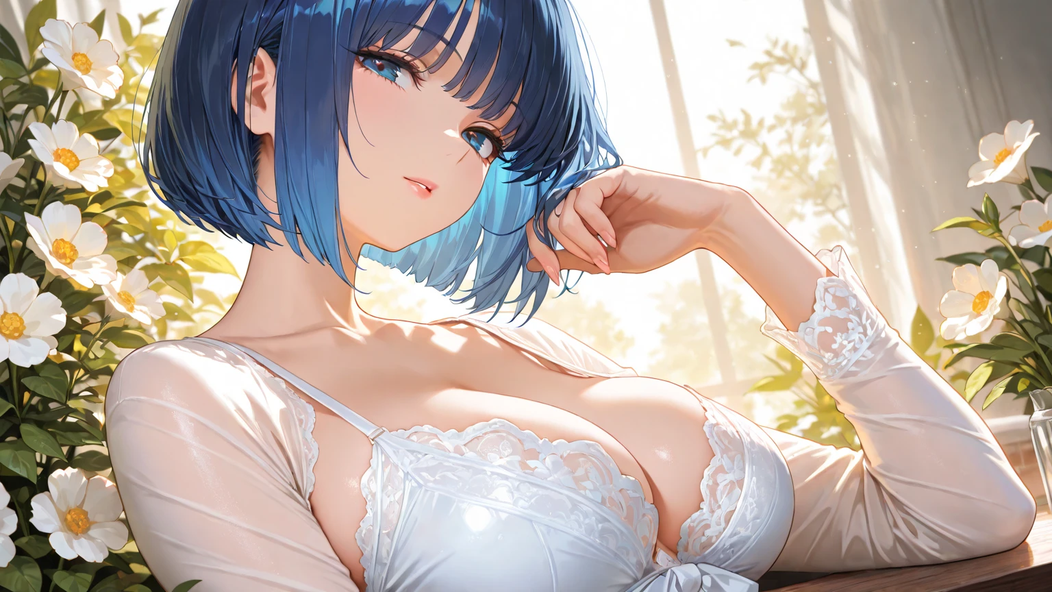 (best quality,4k,8k,highres,masterpiece:1.2), ultra-detailed, (realistic,photorealistic,photo-realistic:1.37), ((gigantic breasts:1.6)), aesthetic office background, illustration, vivid colors, portraits, studio lighting,physically-based rendering, cynical lighting effect, sexy pose, (ultra-detailed eyes:1.4), short hair, blue hair, shy, (dark:1.2), (white shirt:1.5), (black bikini:1.2)