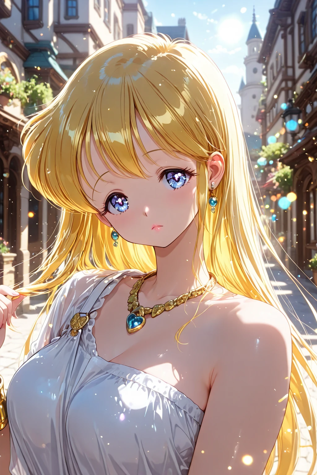 ,masterpiece、highest quality、High resolution、high quality images、8K, 1 female、skin luster、skin texture、Expression of fine eyes、(Shiny bright golden hair:1.8),Girl with long braided hair, realism, Detailed manga style, manga art style, perfect line drawing, beautiful line drawing, digital manga art girl, beautiful light blue eyes, Clear, beautiful eyes、plump lips, Detailed gorgeous face, (cute smile), charm, Front view, (perfectly detailed face), (fine hands) 、photorealistic images, Depth of written boundary, Princess hairstyle, Princess、Corolla on the head , face forward , night sky , night view ,beautiful starry sky , romanticism、(Princess gorgeous pink dress:1.5)、(:1.5)、smile、blush、princess tiara、Fluffy blonde、Gorgeous blue sparkling earrings、Gorgeous gold bracelet、Gorgeous gold anklets、Palace balcony、Nadia: The Secret of Blue Water Necklace、(oblong face:1.5)、(Sparkling Glitter:1.2)、Cover your forehead with bangs、Bangs between the eyes、(full body:1.0)、(standing:1.3)、(portrait:1.6)