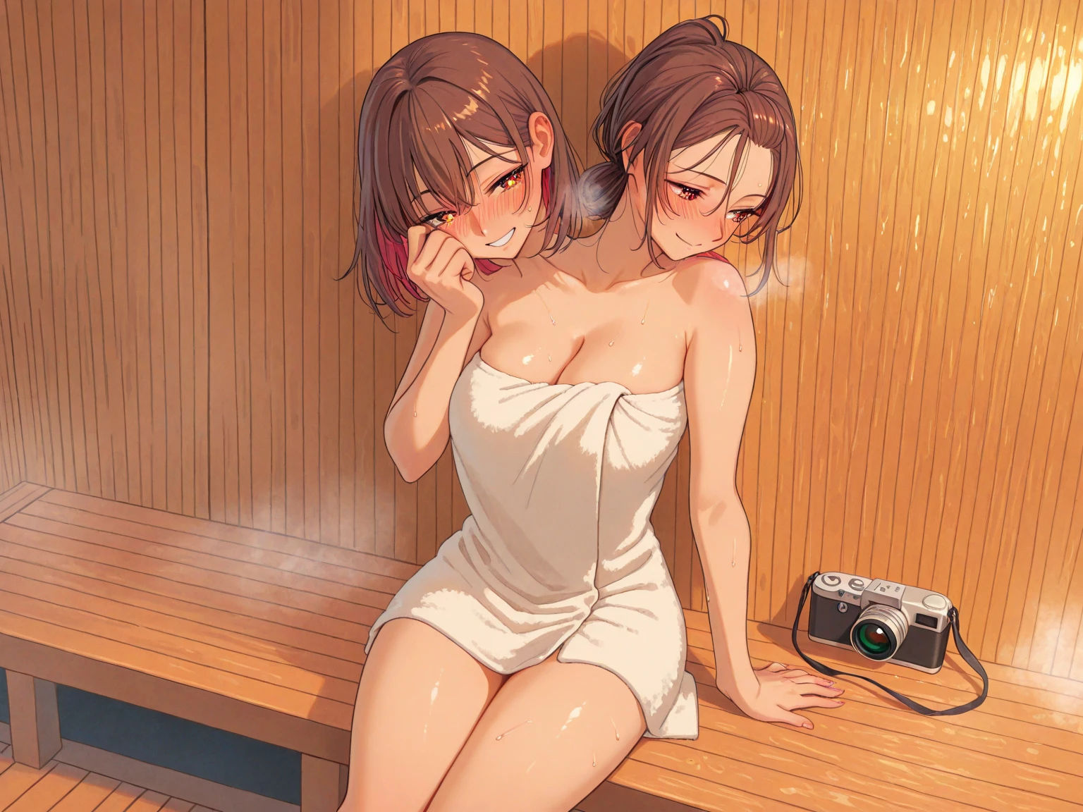 ((By Kinu Nishimura)), ((Kinu Nishimura Style)), ((Artist: Kinu Nishimura)), ((Kinu Nishimura)), ((art by Kinu Nishimura)), ((1girl)), adult, ((long hair)), ((hair bun with white ornaments on left side of head)), long face, tall, tall head, long head, tall face, thin eyebrows, eyelashes, teal eyes, thin nose, straight nose, lips, medium ?????, ???????, cute ???????, (????), fully ????, ??????????, ?????, completely ?????, completely ????, fully ?????, embarassed, tight ?????, ((pubic hair)), 2d art, solo, ((on bed))