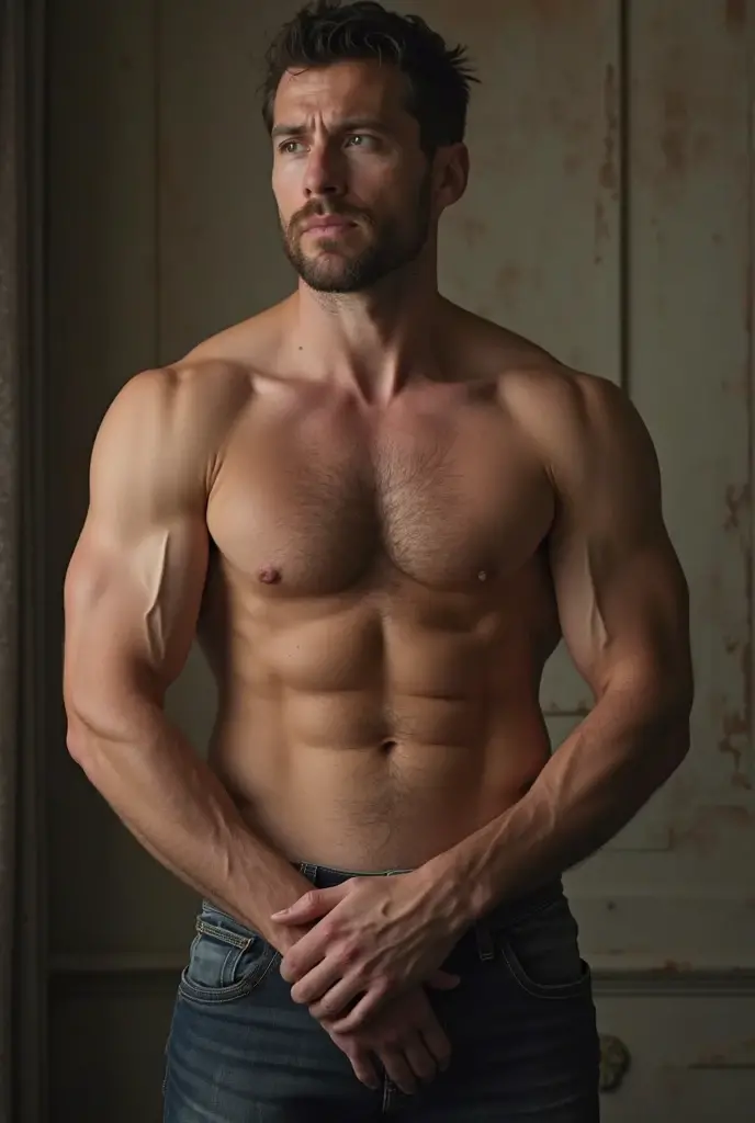 A strong  white man with a large size sample  organ with a smile on his face