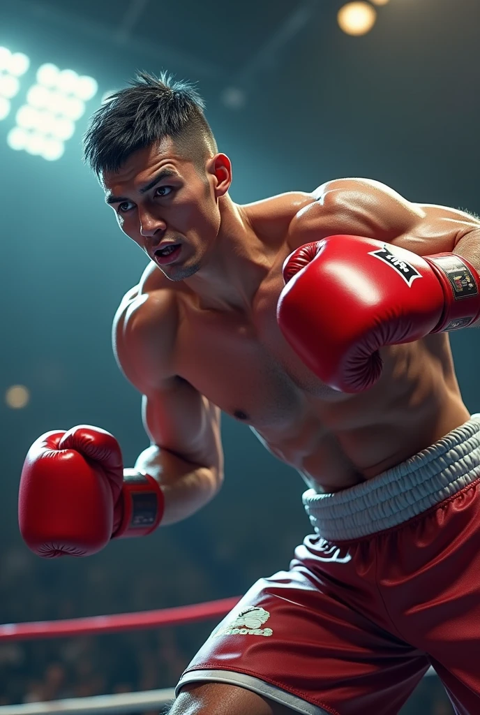 a man with boxing gloves, fighting pose, in a boxing ring