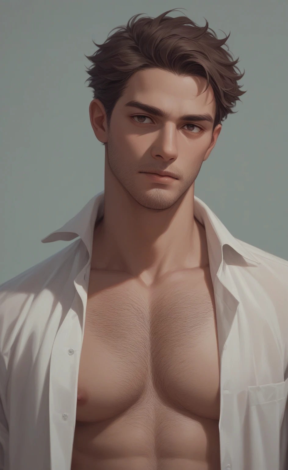 ((best quality)), ((masterpiece)), (detailed), a man with a shirt on and  on, looking at the camera, big chest, anime handsome man, anime portrait of a handsome man, handsome stunning realistic, handsome anime pose, beautiful prince, human male character art, male anime character, male anime style