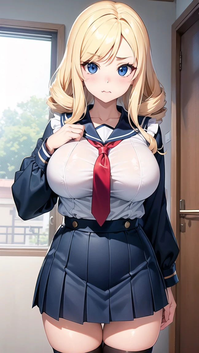 (masterpiece:1.2、highest quality、T Masterpiece)、1 female、alone、classroom、Day、stand、blonde、ponytail、blue eyes、(sailor suit:1.4)、(black skin:1.4)、big breasts、pantyhose、put your hands behind your head、corset、earrings、lipstick、、very sweaty、choker、Scrunchie、blush、covered chest、(Show your forehead:1.2)、bangs braid