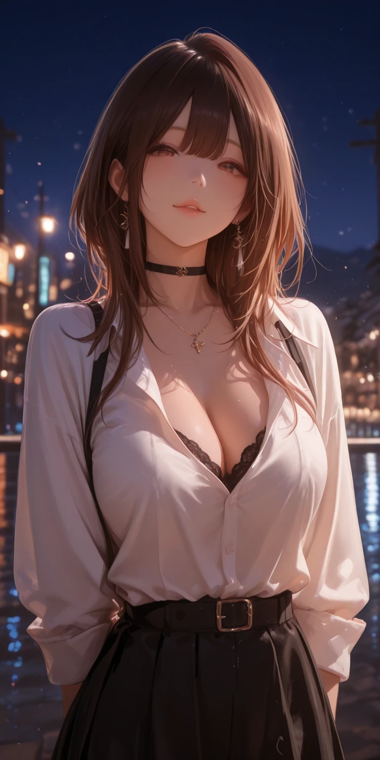 light-brown hair, small ???????, slim waist, thick thighs, shapely ????, slim body, ponytail, tight blouse, long skirt, cleavage, necklace, seductive posture, ?????? squeeze, downblouse, leaning forward, park, path, trees, flowers, distant city in the background, looking at viewer, (((??????))), (((medium ?????)))