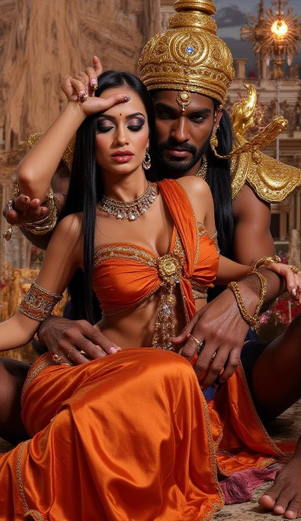 in a dimly lit environment A mischievous, curvaceous woman with fair skin and neutral tone wearing traditional attire, wearing an elegant dark red and wrinkled sari, without a piece of blouse,  breasts and intricate jewelry, green glass bracelets and a small red bindi between the eyebrows; the woman wears a thin and long gold necklace with a long chain with black and gold beads.  The beads are arranged in a repeated pattern , with the biggest bead on the bottom and the smallest one on the top.  In the center of the necklace , there is a pendant with a design in the shape of a queen of spades symbol, The pendant is attached to the chain with a gold clasp. The general style of the jewelry is traditional, her expression is an open mouth in an exaggerated expression of shock,  the lady is crying with teary eyes with a ruined eye mask .  lady lying face down on the bed and on top of the lady, a black African man wearing a thick silver chain is riding right behind it, the black African man has an angry expression looking at the lady, necklace trio, necklace trio lighting , from side Uhigh definition,  retina, masterpiece, Precise, anatomically correct, Textured leather, super detail, High Details, High Quality, awarded, better quality, highres, 1080P, high definition