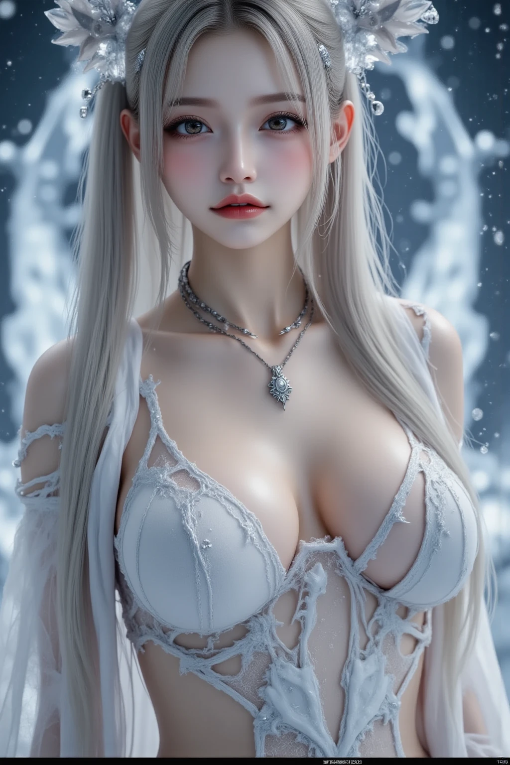 Photorealistic, High resolution, softlight, 1girl in, Solo, ???? up high, Blue eyes, (silvery white straight long hair), Red lips, black lace ?????????????, ???? up high, Jewelry,