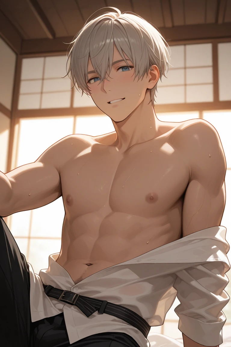 masterpiece, best quality, high quality,  1boy,10yo, , duo, male focus, full body, looking at viewer, white hair,spiky hairstyle, short hair, steam smork, japan style,  anime coloring, shy, home muji style, detailed face, , white towel on waist,