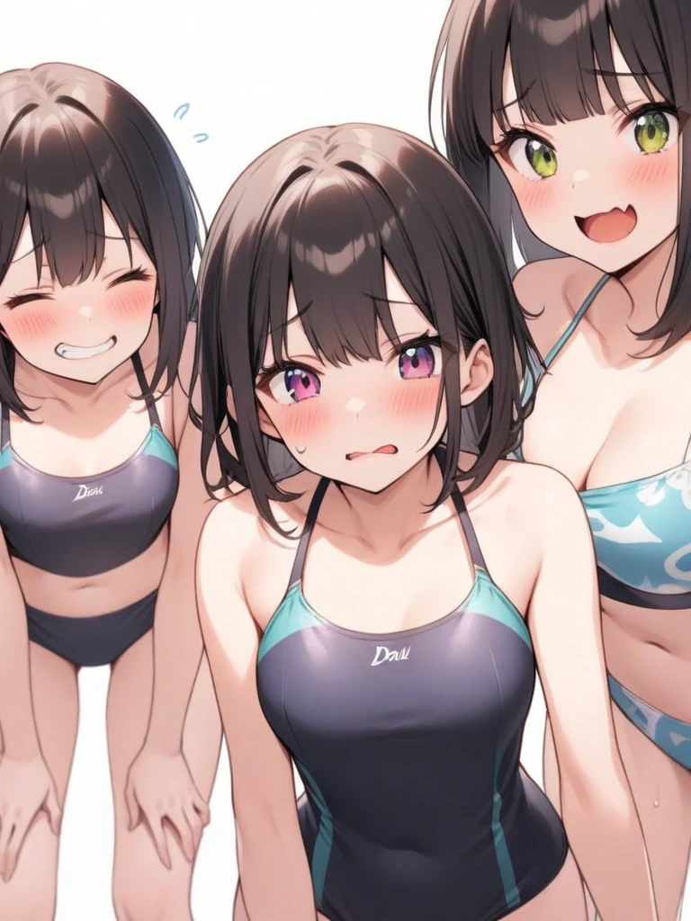 Wearing a purple bikini、barefoot。hair is black、Purple eyes。Breasts are K cup。The skin is white and、Long hair。Has one brother and one sister。My sister has an E cup。All of them have black hair。6 siblings。It's like diving into the ocean and looking at the coral reefs and fish.。in the sea。My brother is wearing a purple diving suit.。I have one older brother.。I have five sisters.。All six people, including myself。My sister is 13 years old、My brother is 15 years old。At the sea。