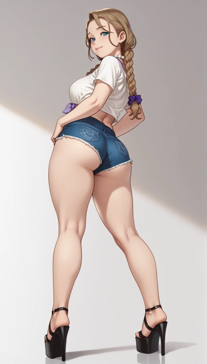 SFW, (short ((white hair))), (tank top, short pants), curvy, hourglass figure, thin waist, tall legs, small breasts, tall girl, slim figure, slim girl, long legs, thin  hips, slim proportions, (big ass), huge ass, curvy ass, firm ass