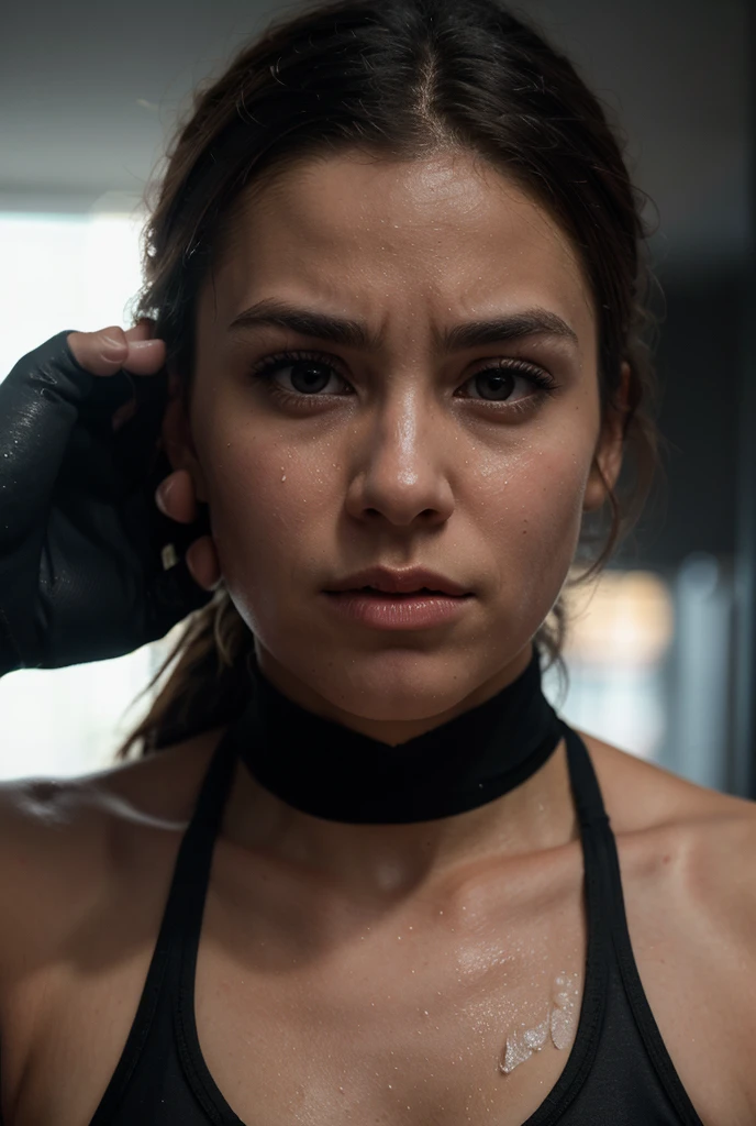  a woman  in a boxing club , tumblr, photorealism, ,beautiful!, perdita weeks!,::  ,:: madison beer, streaming, pigtail, photorealistic - h 6 4 0, 🎀 🧟🍓 🧚, see, live2d, looks like laura barriales, —ar 16:9, sam nassour, 5 0 s, insanely cute, straight eyebrows,🥊