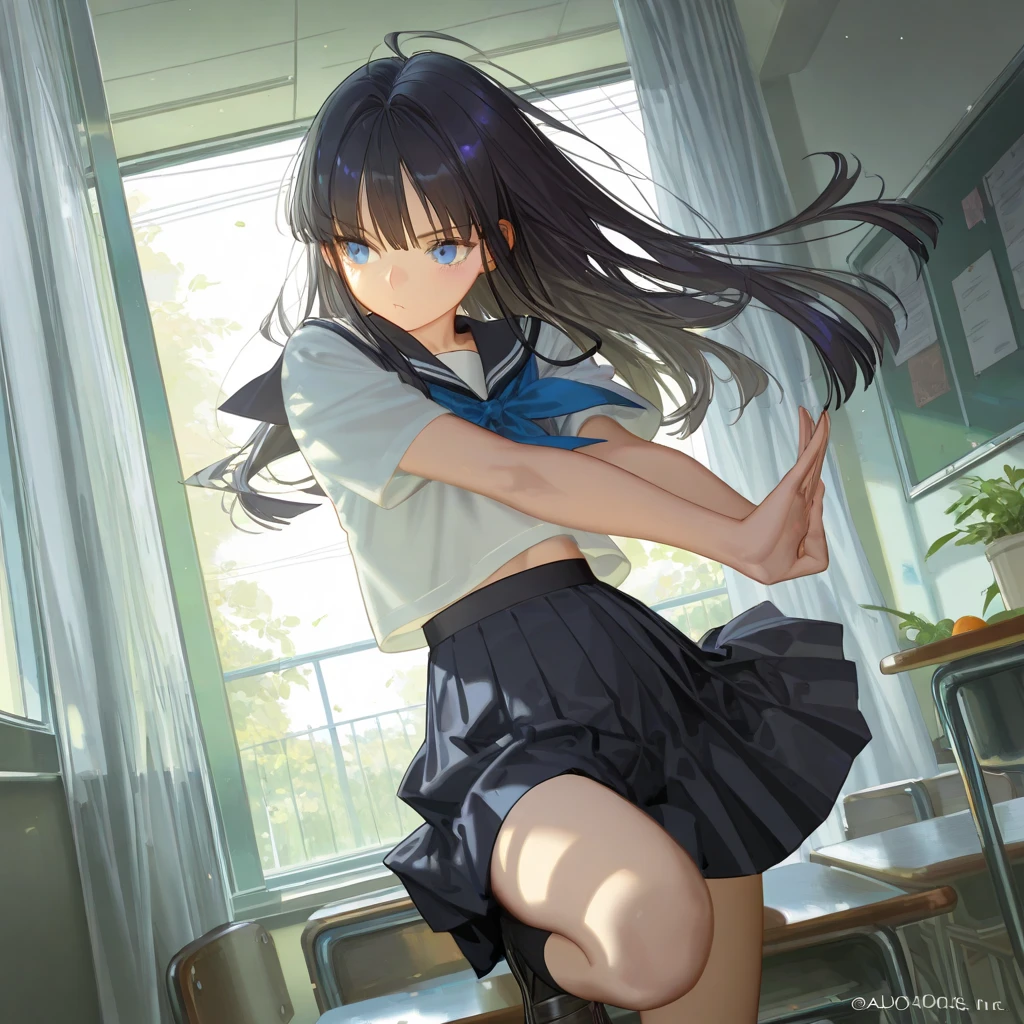 BREAK Perfect 、Highest quality、(cute:1.1)、(cute)、(High resolution:1.2)、Unbelievably absurd:1.3、Incredible illustrations、(cuteイラスト:1.2)、（Beautiful background、evening、classroom）、1gial(Black Hair、strong wavy hair、mole under eye）（Sailor suit）（Dance with your eyes closed）（dancing）（low angle full body shot）