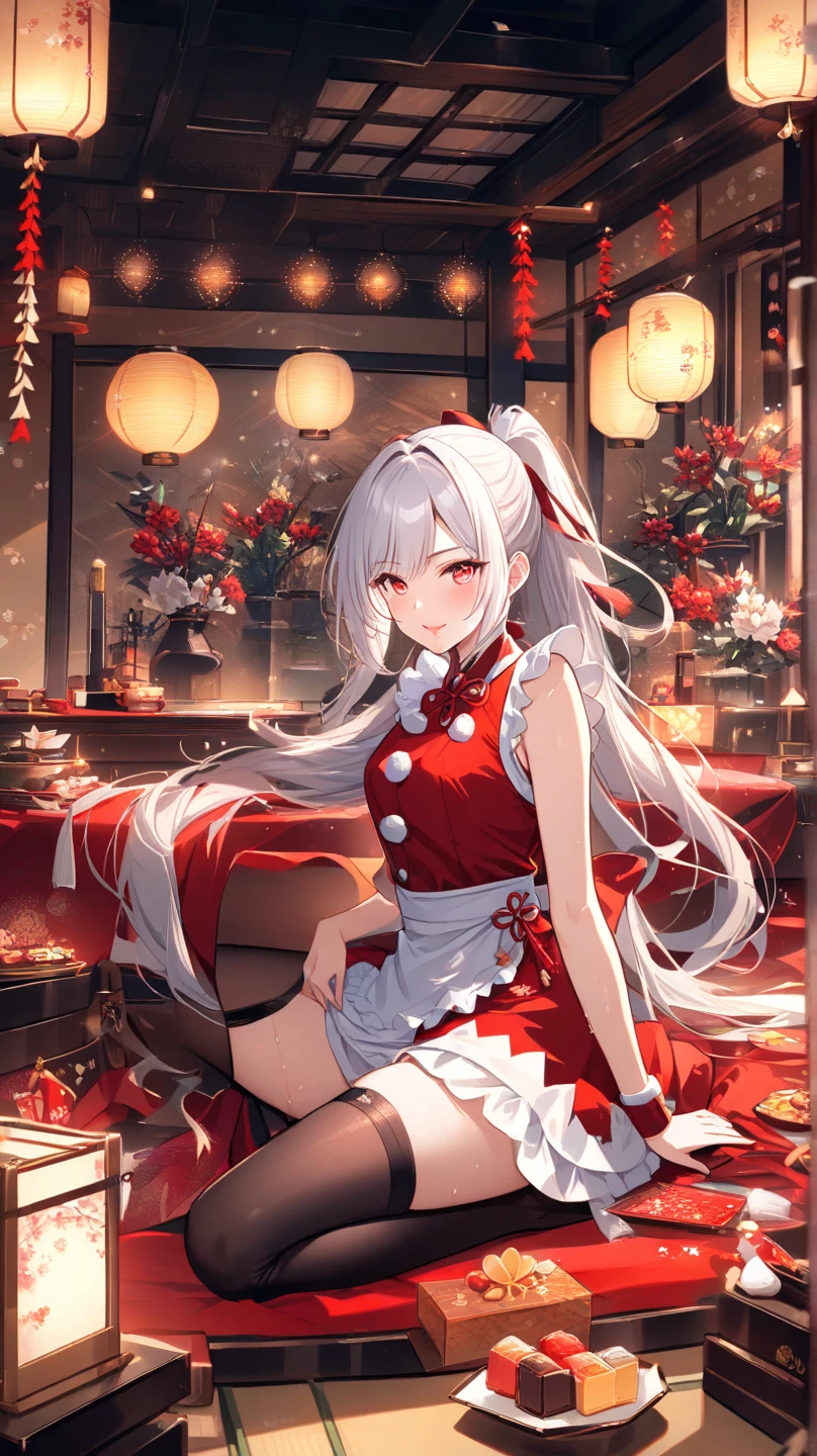 highest quality, 8k, (wide angle lens),1 girl, (Mayl Edelfelt),,long silver hair,red eyes,enchanting smile, barefoot, China dress, butterfly, butterfly hair accessory, backless dress, Chinese service, 2倍good,Golden dragon pattern,barefoot,full moon,elbow bag,good, hair accessory,jewelry,earrings,Beaded anklet,thin legs,nail polish, Medium chest, alone, それからnail polish, outdoor,Chinese style architecture, Chinese style, lake, ancient town, Beautiful and detailed water,red lantern,