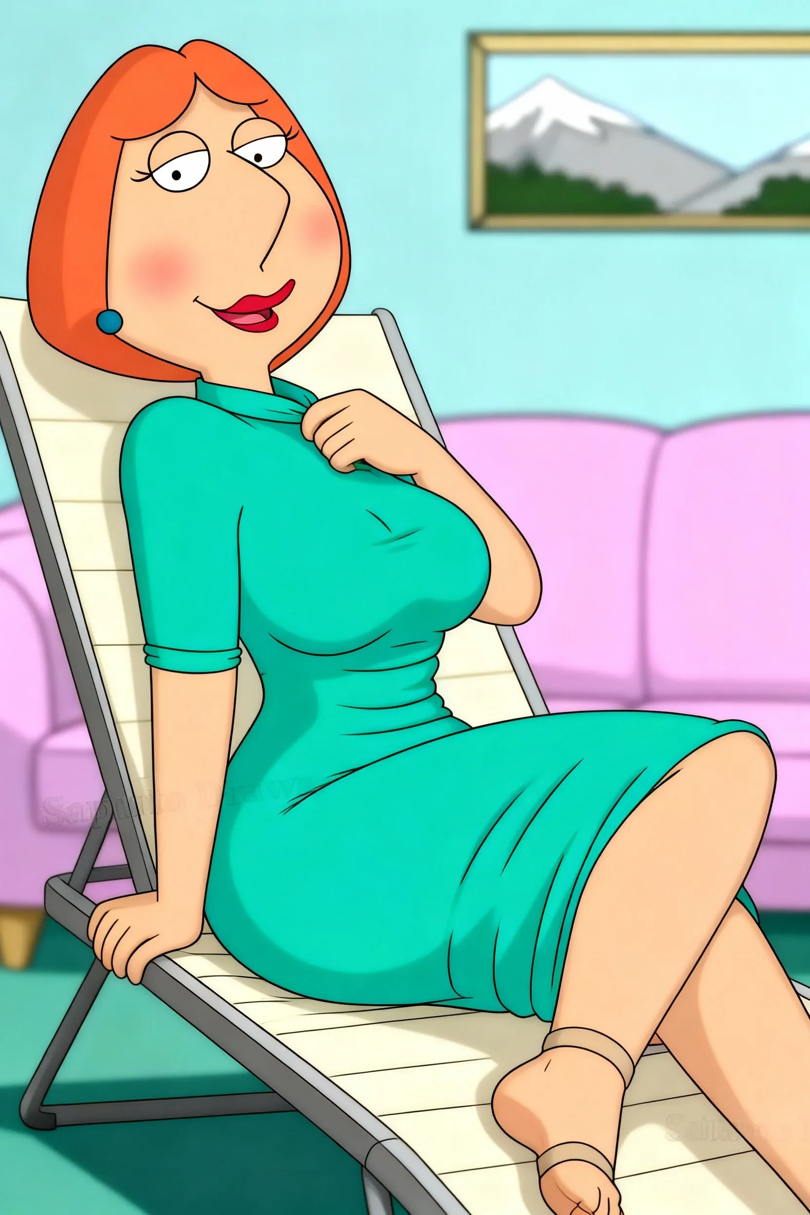 score_9, score_8_up, score_7_up, score_6_up, score_5_up, score_4_up,  1girl, Lois, orange hair
 , , , solo, , cleavage, holding breasts,long legs,thick thighs, fishnet stockings, hairy ,  feet, no shoes, painted toenails, 
exposed , big areola,hard nipples,pink  ,
 aqua Dress,  peek, squatting ,outdoors, super model body,