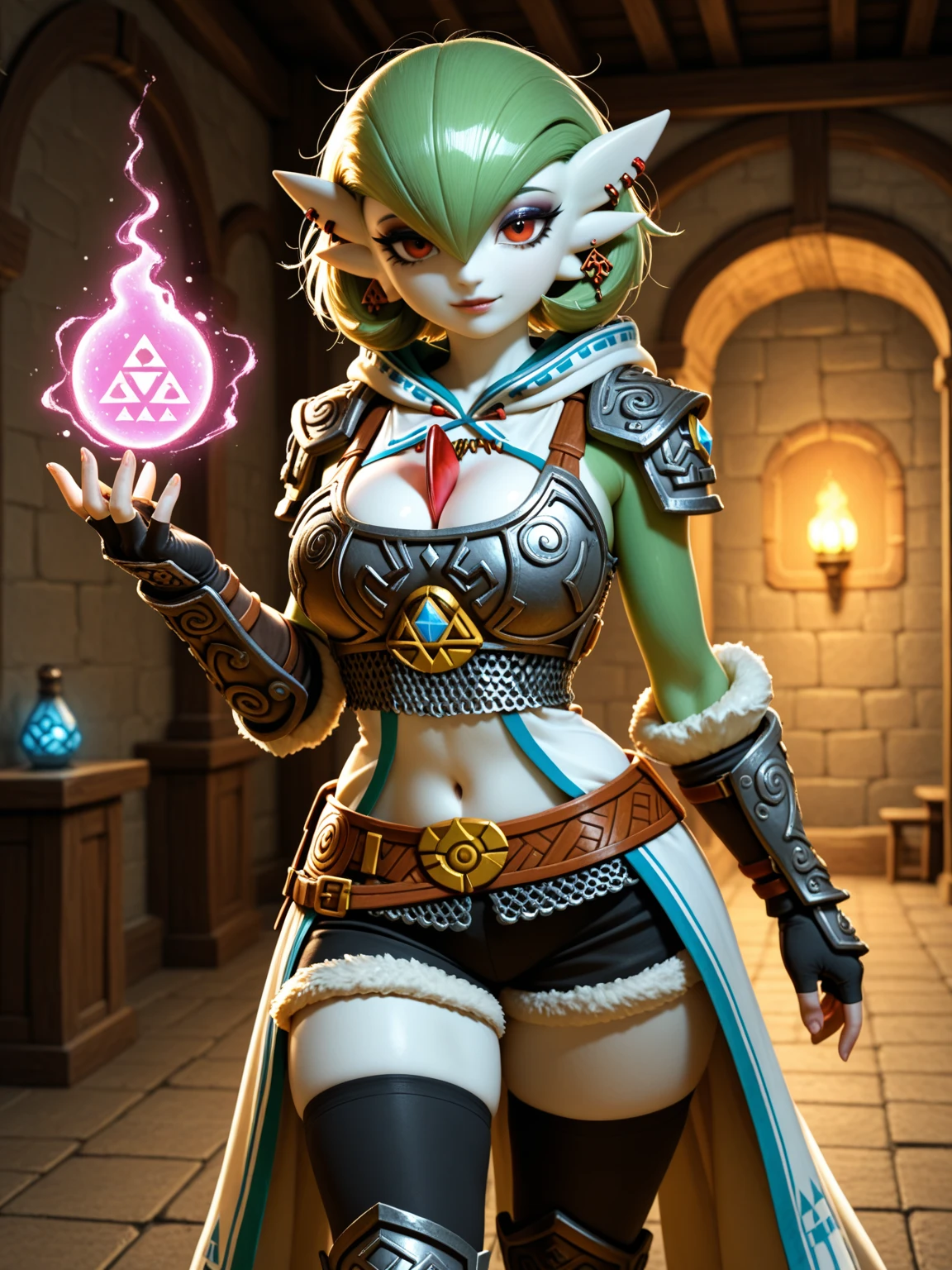 Sexy female orc, full body, green skin, muscle body, abdomen, white hair, pixie cut, halo, blue , flower on head, aqua eyes, thick legs, pointy ears, grin, crazy, Pixar, high detail, backlighting, ray tracing, depth of field, close-up, bokeh, Canon, UHD, high details, anatomically correct, super detail, 8k, best quality