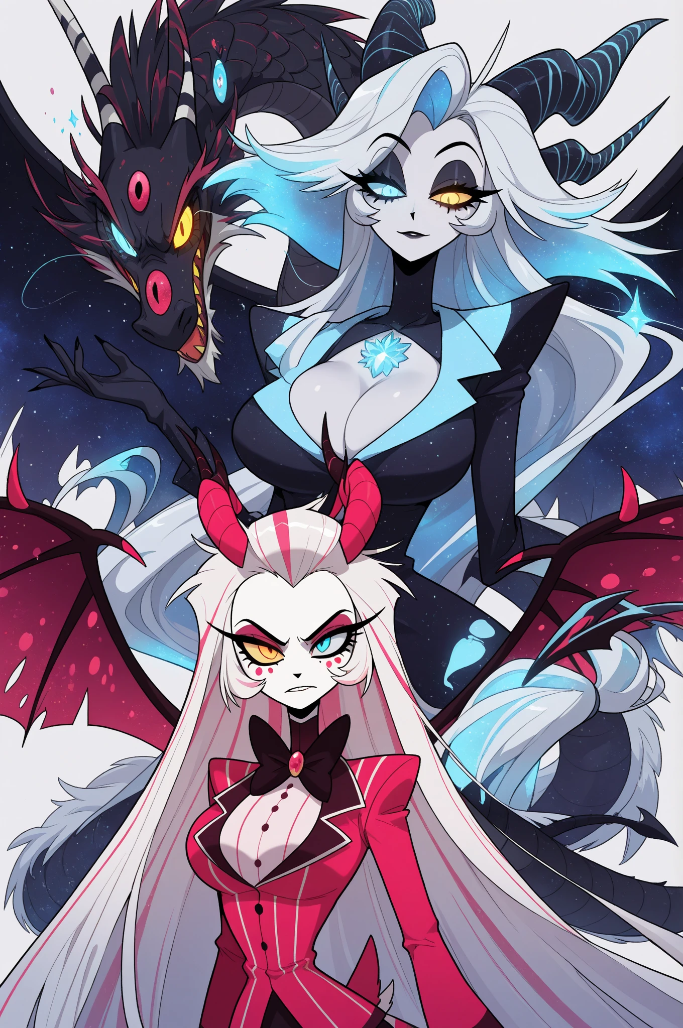 name: Lilith Nightshade
Idade: 25 years Race: Demon and Angel Hybrid Physical Description: Lilith has snow-white hair that contrasts with her pale skin and intense red eyes., that reflect their celestial and infernal duality. Her exotic beauty and mysterious aura make her an intriguing and  figure..
Personalidade: Lilith is a selfish and somewhat arrogant woman, influenced by the duality of its hybrid nature. She carries with her the pride of angels and the lust of demons, displaying a complex and contradictory personality. Her manipulative and ambitious nature leads her to seek power and control over those around her., using your beauty and charm as weapons to achieve your goals. Despite your arrogance and selfishness, Lilith possesses an inner fire and relentless determination, proving herself to be a formidable adversary and a dangerous ally. Her journey of self-discovery leads her to explore the limits of her hybrid nature and confront the challenges of reconciling heaven and hell within her being..