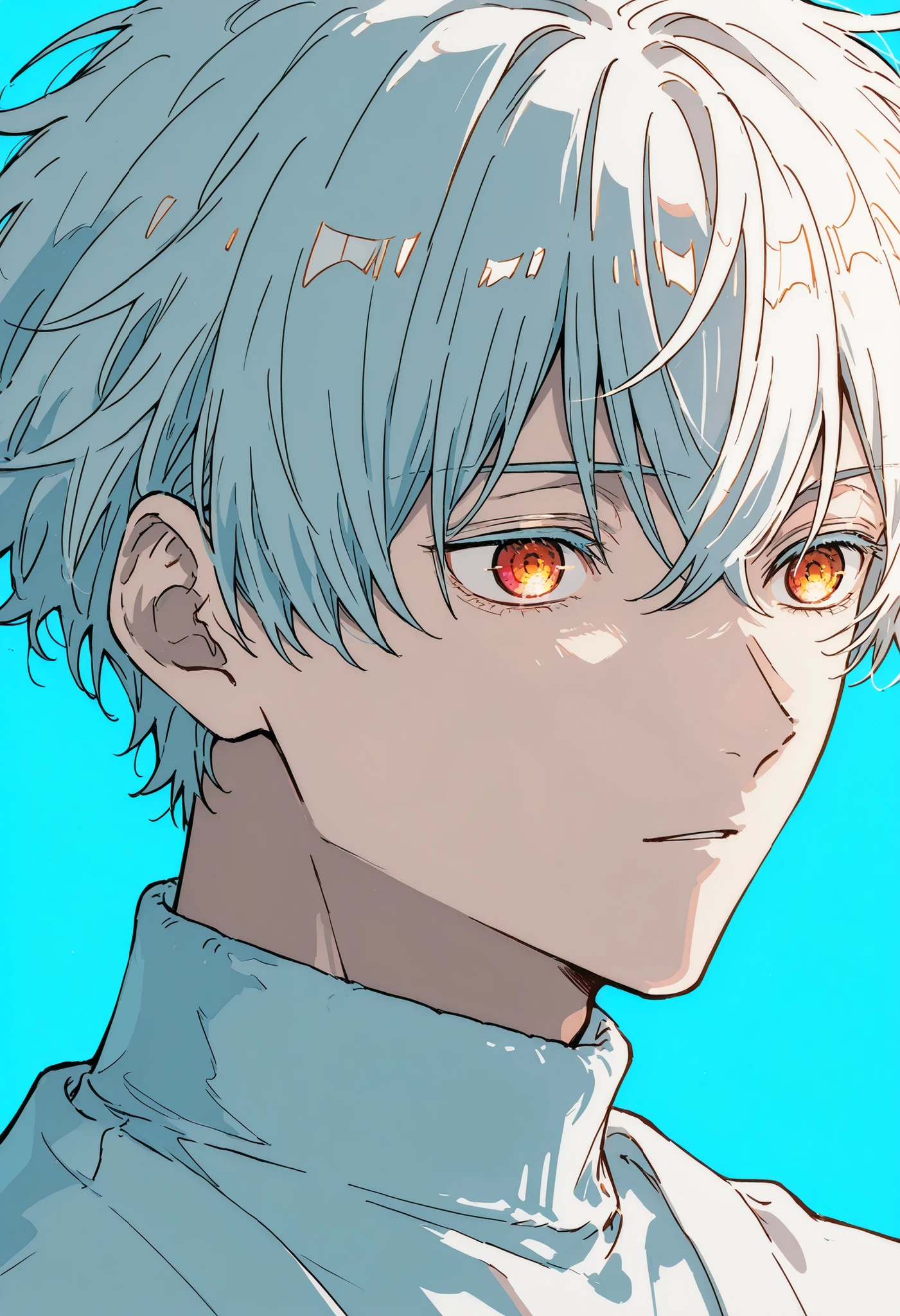 1male, red eyes, white hair, fluffy hair, blue background, white tshirt turtleneck, simple background
