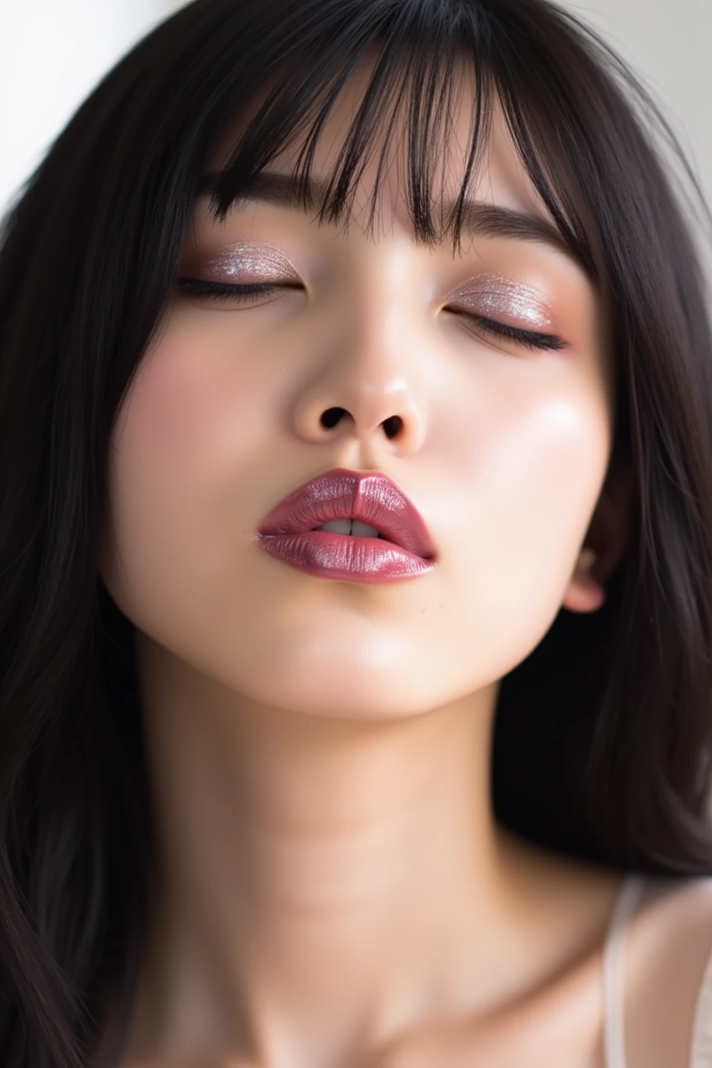 flying debris,Award-winning photo, Very detailed, Edge , Woman with open mouth and closed eyes , Sweaty skin、Lighting that highlights shiny sweat{{{Spread the word }}}, Black Hair、Browsing Caution,{{{{Crowd of male spectators}}}},((Very intense ,Frowning,Glossy skin with ultra-realistic details))((Senior male spectator))((Sticking out a long ))((hyper realistic detail shiny skin,real skin))