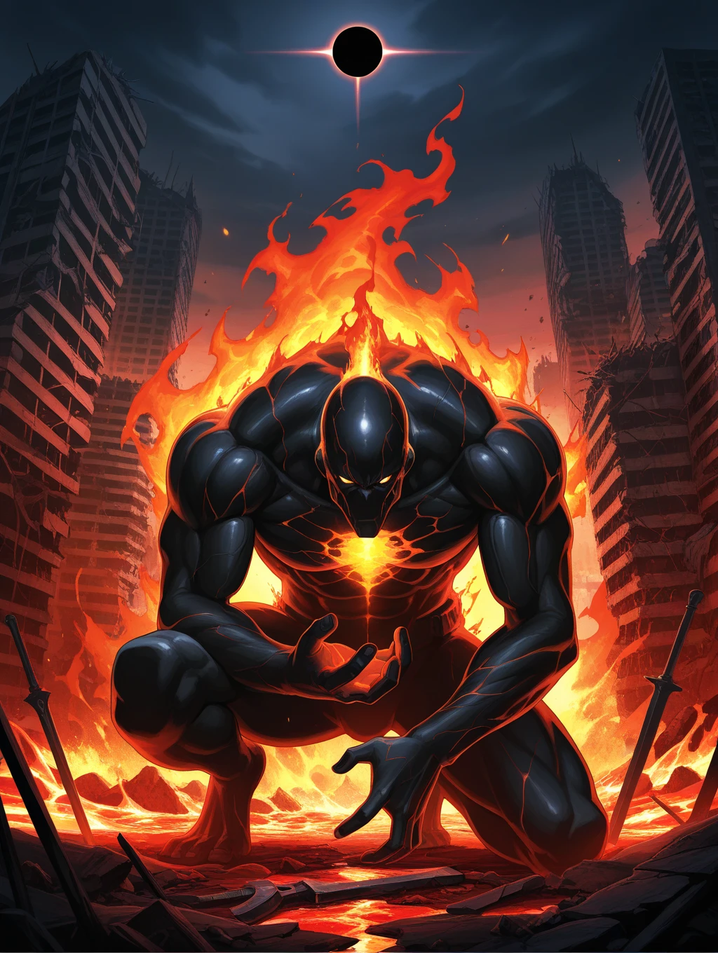 epic, realism, ultra high resolution, muscle: 3.0, hairless, Huge Pectoral muscles: 1.1, Well defined abs, wide shoulders, Developed deltoids, huge biceps, There is a Red Eyed black dragon Standing Under the Stars, anthropomorphic dragon, black dragon, dragon body, Human Dragon Art, Giant Monster Dragon Monster, Muscular Dragon Man, Man and Dragon Fusion, fire, realism, epic, Body with fire Pattern, long horns, dragon wings, starry sky, ,  