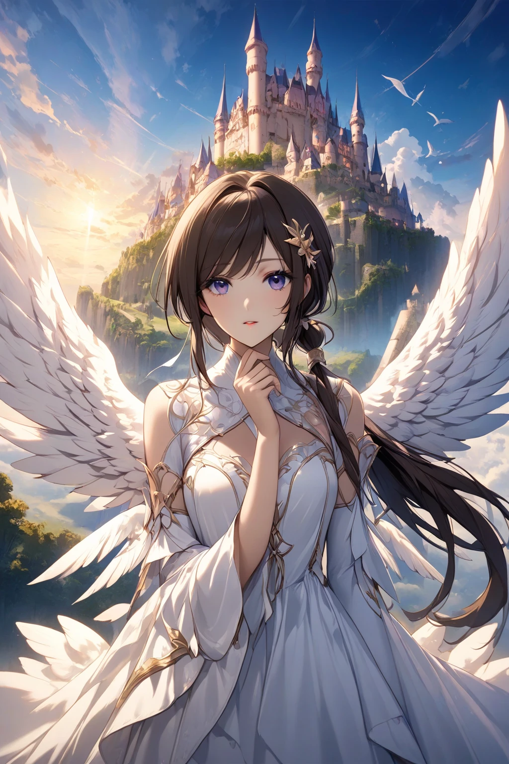 ((On the table, best quality)), Delicate face, Character Design Sheet，whole body, Perfect proportion，Rich in details, Multiple poses and expressions, Very detailed, Martial Arts Girl，1Girl with black wings，Gradient hair color，Golden，Delicate eyes, ，1 Angel Wings Girl，cloud，High balance, Halo，Natural light，Starlight decoration，Background greek temple