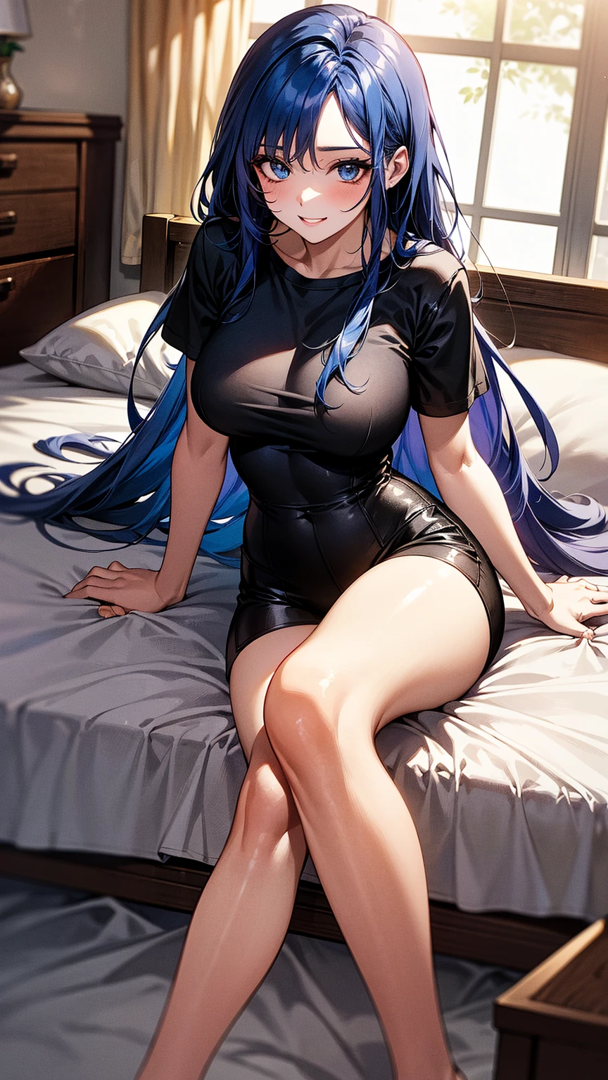 Happy woman, with wolf ears and blue hair, holding her cheeks, wolf tail, wearing a latex dress, looking at veiwer, full body, you can see her ,  