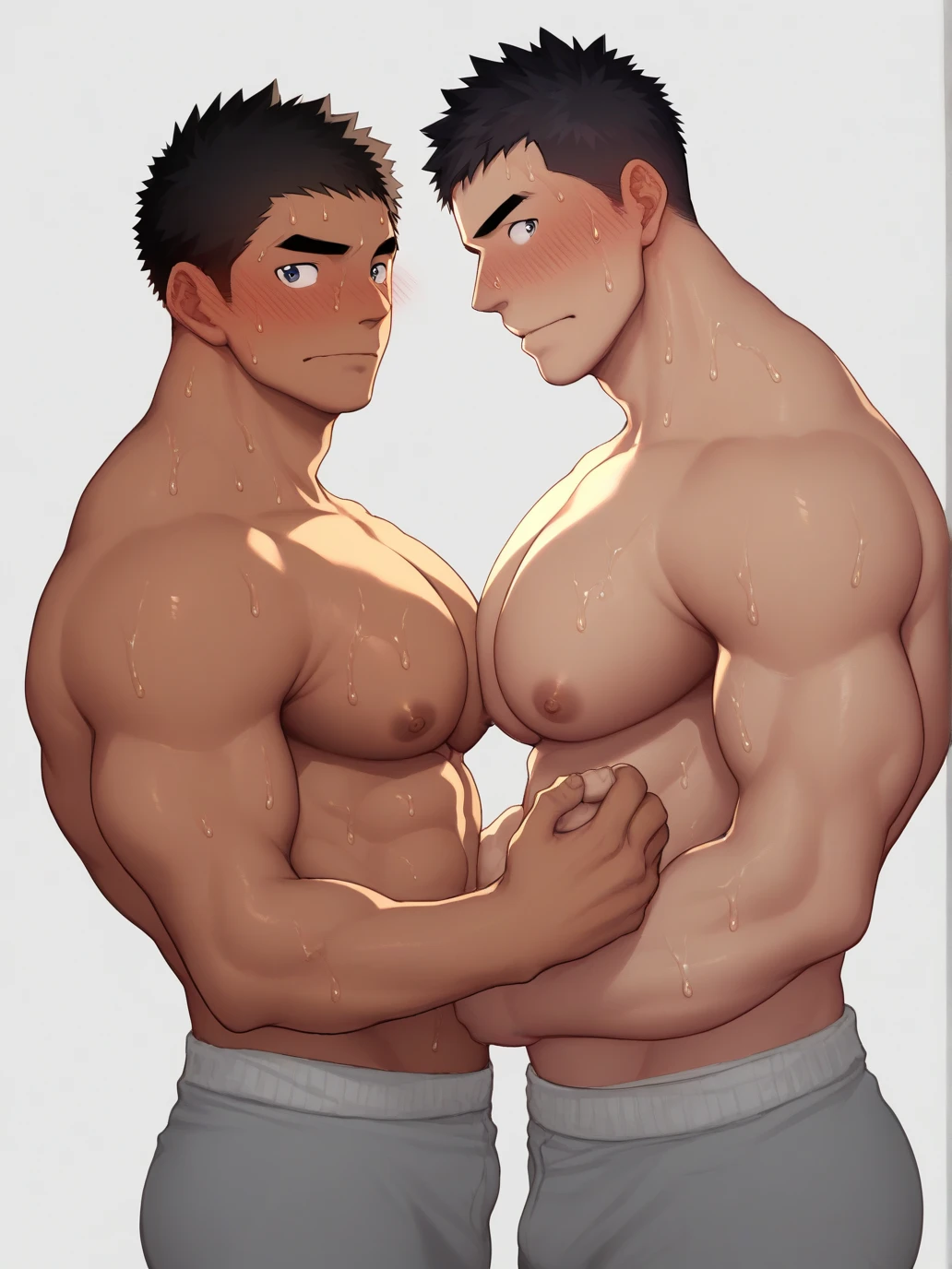 masterpiece, top quality, body size comparison of two teenage boys ???????????????, big muscular boy and skinny boy, two boys. The big boy's pectoral muscles are bigger and heavier than the skinny boy's, so the big boy uses his enormous weight to push the skinny boy ????????????????. big boy putting his weight on skinny boy, big boy crushing skinny boy with his pectoral muscles, skinny boy being crushed by huge pectoral muscles, muscular male, pectoral muscles, big ???????, cute, male, abs, grin, ????, ???????? suggestive, anime muscles, bulging, pectoral muscles, bangs, yaoi, sweating, blushing, {{detailed face}}, {{high quality}}, {{detailed eyes}}, gay couple, shirtless,
