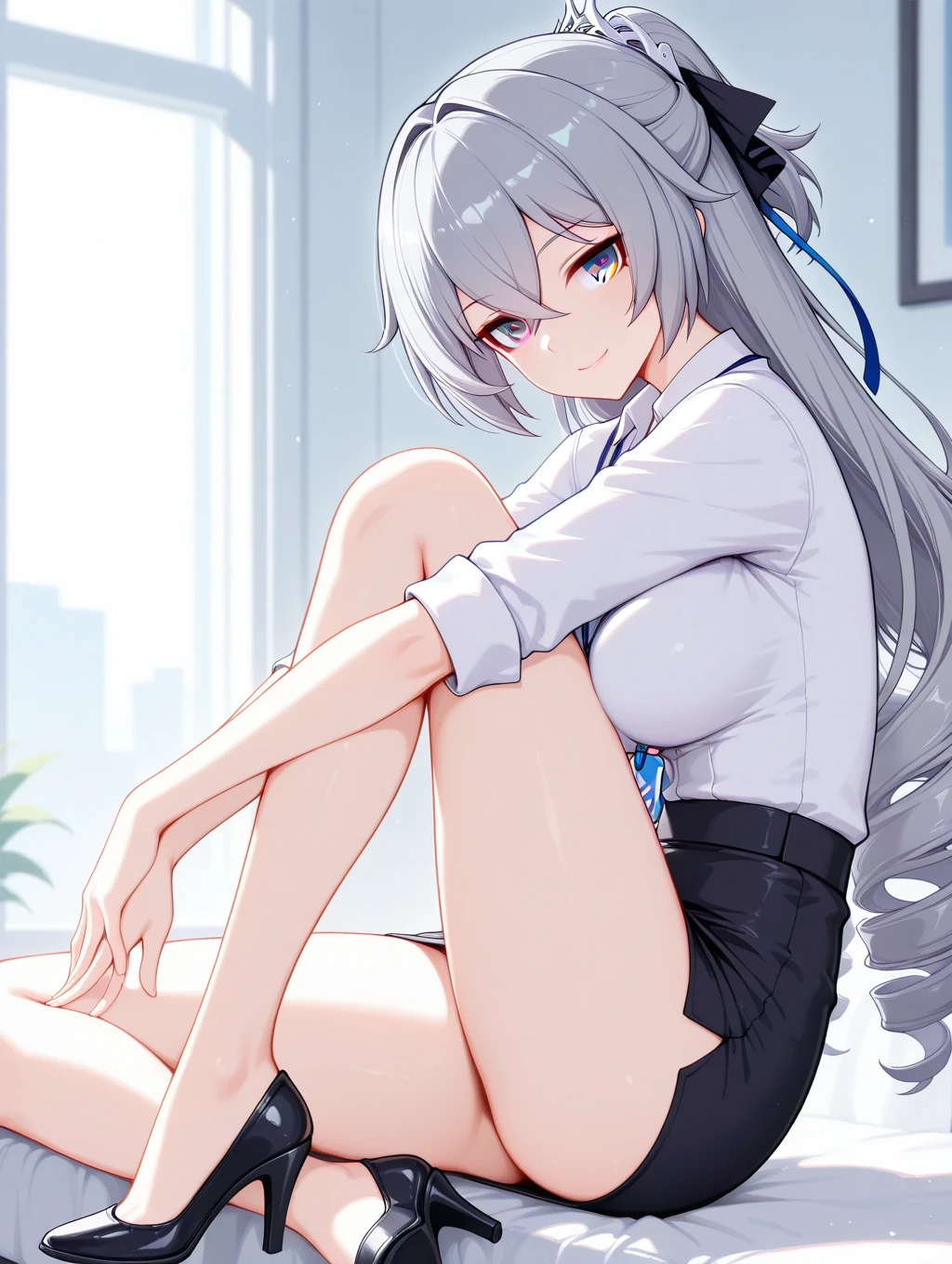 1girl, breast, grey hair, Yellow eyes, smile, :o, bar stool, (sit), from below, looking at viewer, dress, (toes), foot focus, (Intricate Iris Details)