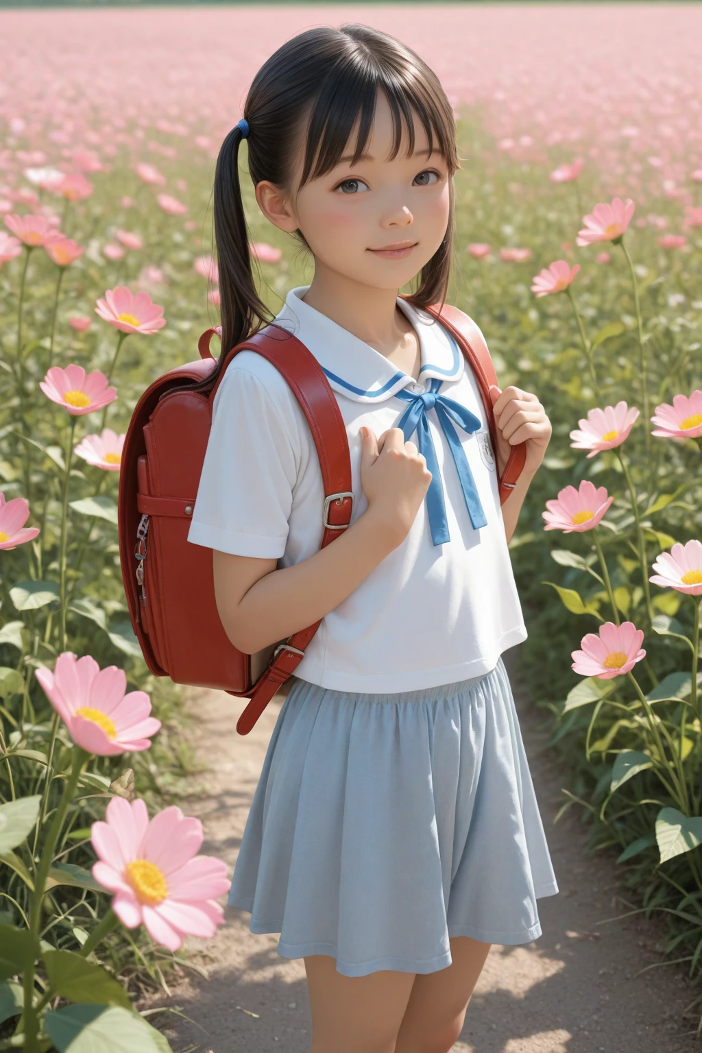 (masterpiece),  town,  blue sky,  One girl,  smile,  alone,  Sailor suit,  Overgrown,  petal,  plant