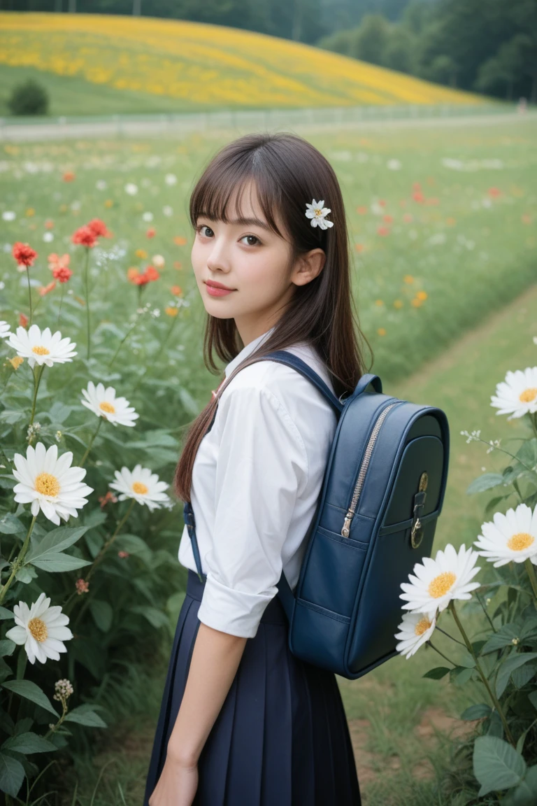 16K resolution、Photorealistic and high-definition CG rendering of a young middle school girl、She's on her hands and knees, her back facing her, her huge, gravity-defying in full view, her innocent expression making her look back at you.、She pulls up her short skirt slightly, showing an inviting gesture.、Dramatic lighting draws attention、It creates a sensual atmosphere