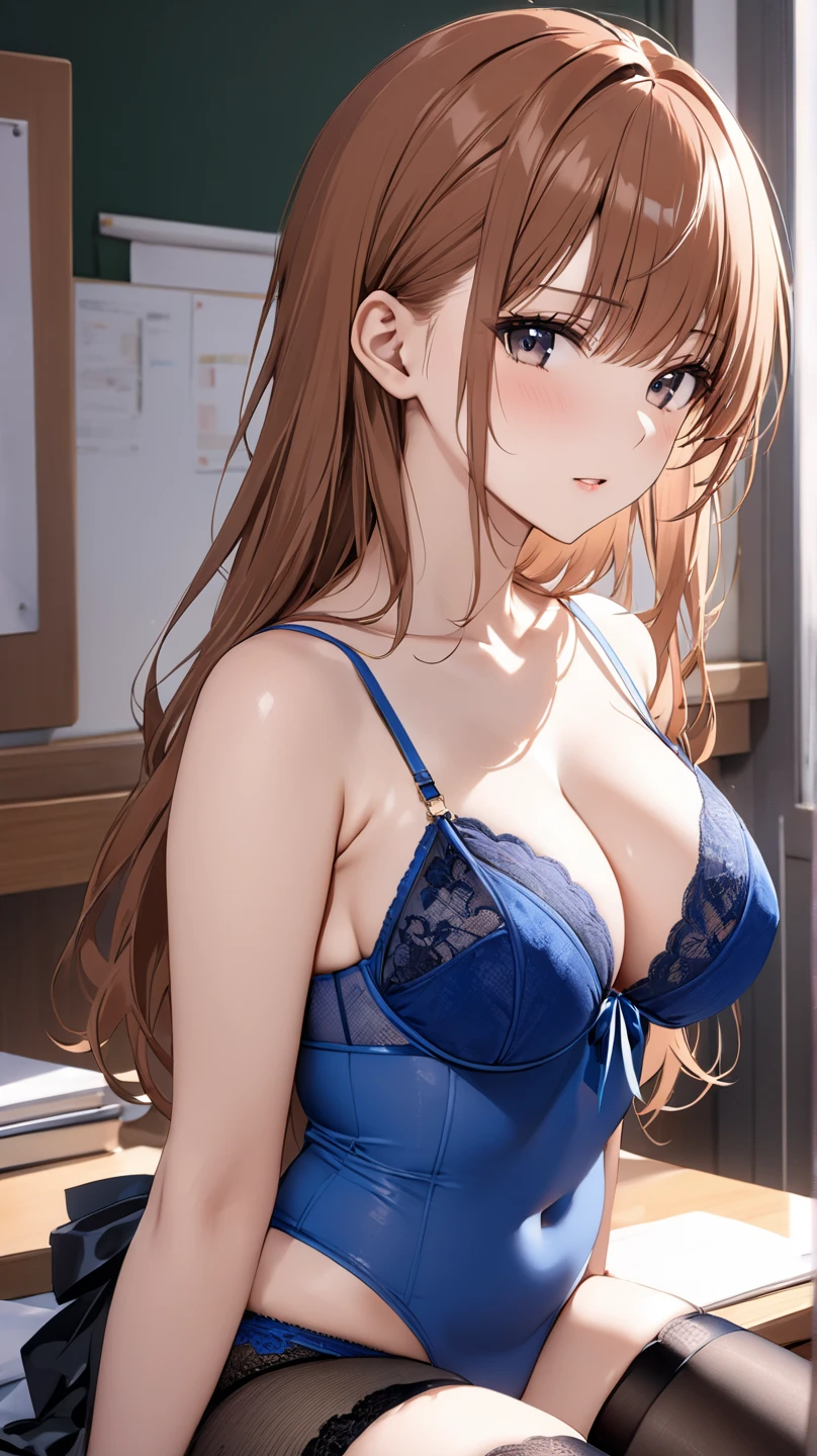 (((masterpiece, Highest quality, High resolution, 超High resolution, Perfect Pixel, Depth of written boundary, 4K, RTTX 10.0))), Beautiful Anime Women, Beautiful art style, Anime characters, ((Smooth texture, Realistic texture, Anime CG Style)), Exact finger count、Exact number of legs、(Exact number of arms:1.0, Exact number of hands:1.0), (Perfect hands, Perfect ), Cinematic, Realistic, Extremely detailed CG, Daytime lighting, Perfect lighting, Best Shadow, The best natural light, whole body, Perfect body, バランのとれたPerfect body, Perfectly balanced style, (Slender body:1.2), ((Long Hair, bangs, Reddish brown hair, Stylish hairstyle)), ((A cute woman stands with her hands in her :1.8)), (Put one hand in your :1.8), (:1.8), (:1.5), ((Bow tie around neck, High heels:1.3), (Sexy and cute blue and white :1.3), (Stylish shiny blue and white satin , Side-tie , The  are plain blue and white in the center with lace decoration on the sides.:1.3), (Thin :1.3), (Blue and white micro lace satin , Blue and white  with lace trim, Thin :1.3), (garter belt, Black knee socks:1.3):1.3), (Beautiful big , Cleavage:1.1), (Embarrassed expression:1.4), blush, ( pleasure expression:1.5), (The expression of someone who is holding in the toilet:1.4), (Look up, Mouth half open, Half-close your eyes:1.4), (Stylish bar, Stylish restaurant, Many customers in the background, A busy store, Chair, table:1.3), , In , Waitress in , (Frilly maid-like headband:1.2), whole body, Angle from the front, chizuru